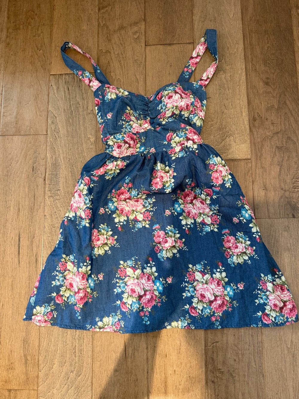Cute Navy Blue Floral Sundress with Pink Rose Print